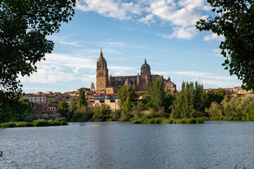 View of the cathedral of Salamanca (Spain) at sunset from the viewing point of the pier on the Tormes river