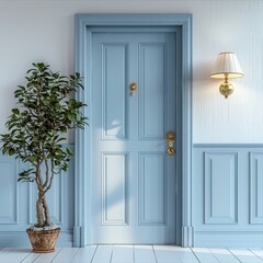 Light blue door, Wooden door as the main body, Villa interior, lamp, White wall, Green plant. Generative AI.