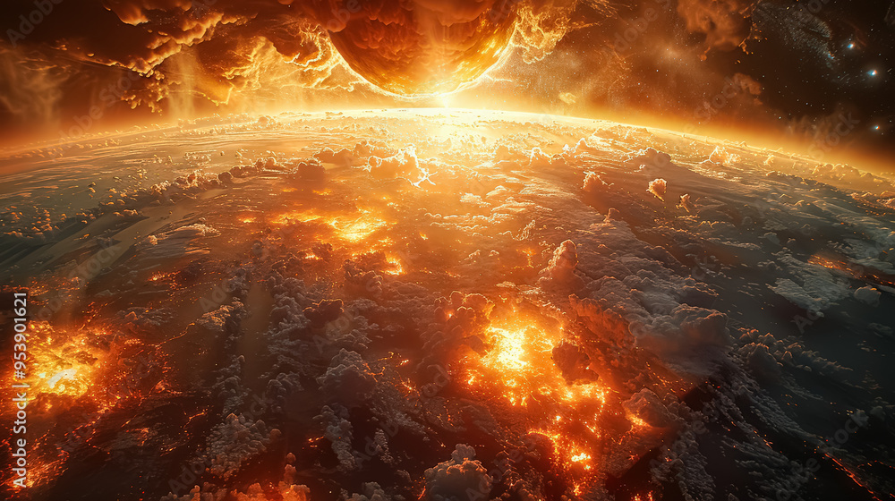 Poster a planet with a bright sun and a cloud of fire. the fire is coming from a comet that is crashing int