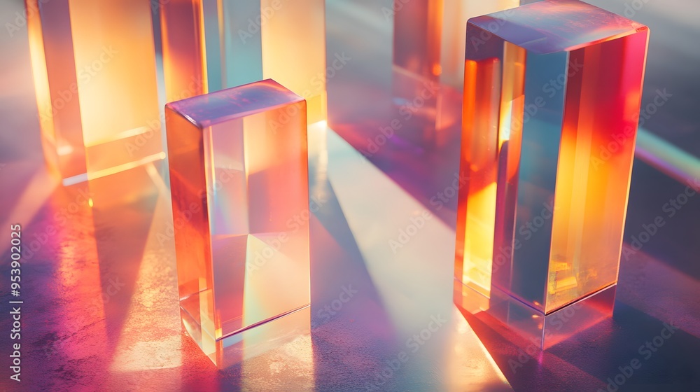 Poster crystal-like structures with vibrant reflections in a glowing environment