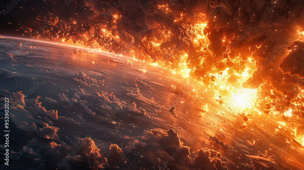 Poster a planet with a bright sun and a cloud of fire. the fire is coming from a comet that is crashing int