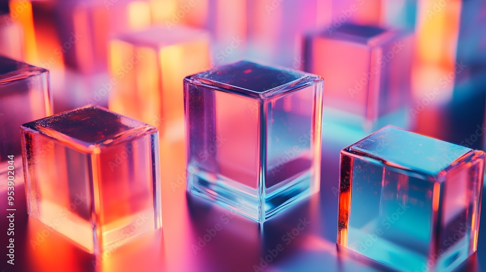 Poster crystal-like structures with vibrant reflections in a glowing environment