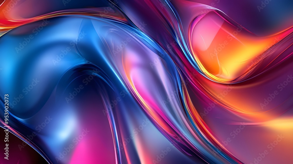 Poster fluid and glossy abstract shapes with vibrant color transitions on a dark background