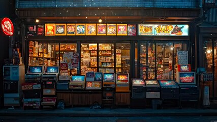 Retro gaming arcade interior with classic video game machines, illuminated by colorful neon lights, creating a nostalgic atmosphere. Gaming nostalgia concept. Seamless looping 4k time-lapse video back