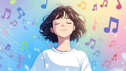 Relaxation and happiness with music. Restoration and healing of the mind. Listening to music with a peaceful expression.