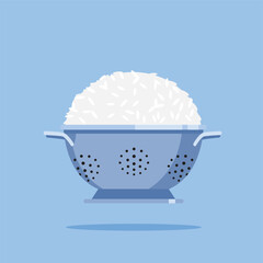 iron colander icon logo with white rice, cooking utensil strainer illustration. suitable for poster and web icon