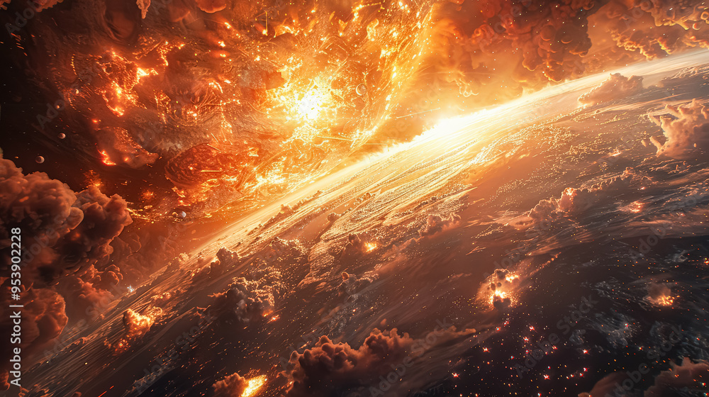 Aufkleber a planet with a bright sun and a cloud of fire. the fire is coming from a comet that is crashing int