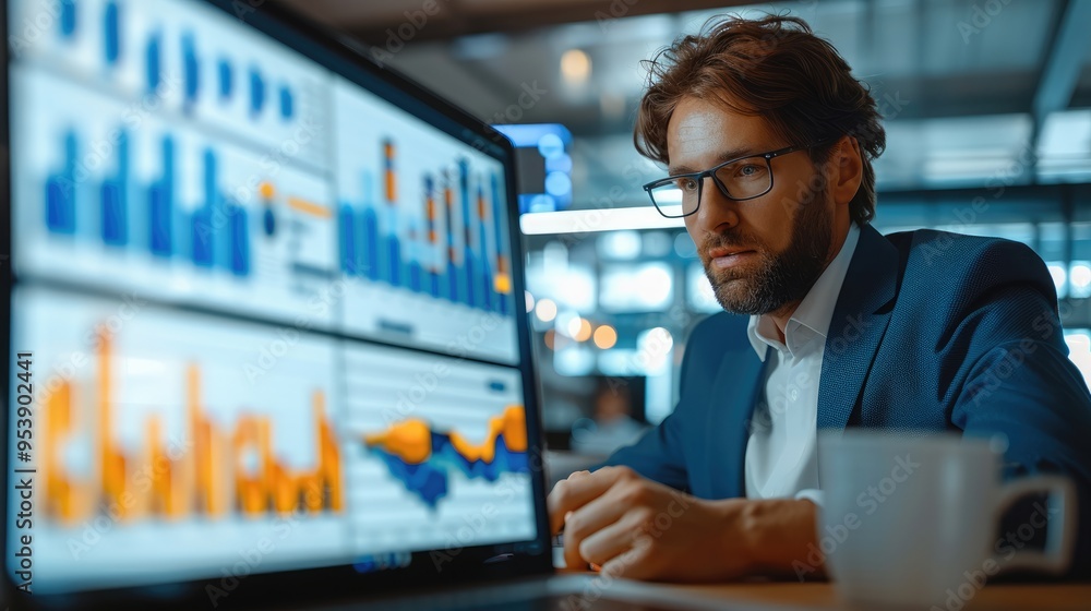 Wall mural Businessperson using a digital tablet to analyze data and set business strategies. the intersection of technology and finance, showcasing graphical charts, statistical data. Generative AI.