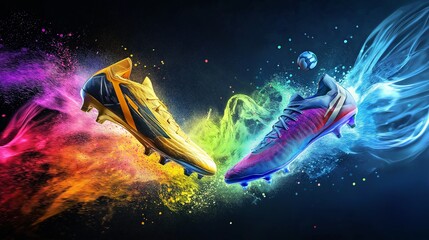 Fototapeta premium Two Contrasting Soccer Cleats Colliding Creating a Burst, illustration, Perfect for Sports Graphics and Advertising