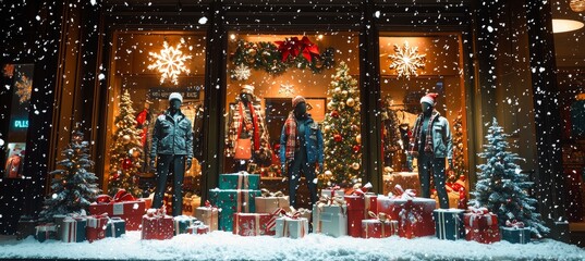 Festive Christmas Storefront Display with Mannequins, Gift Boxes, Snowflakes, and Twinkling Lights