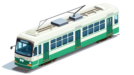 Naklejka premium Light Rail or speed tram isolated on white background, a mode of transport. The modern vehicle runs on electricity. Isometric minimalistic art, game asset