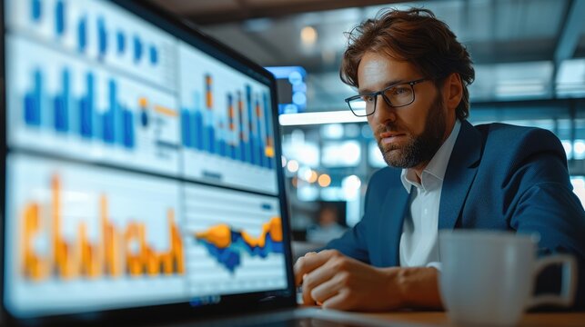 Businessperson using a digital tablet to analyze data and set business strategies. the intersection of technology and finance, showcasing graphical charts, statistical data. Generative AI. - Powered by Adobe