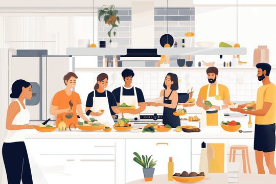 Group of people in a cooking class, learning to prepare healthy and delicious meals together. World Vegetarian Day - Powered by Adobe