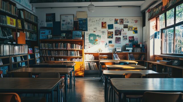 A classroom with posters and books related to mental health prominently displayed on shelves