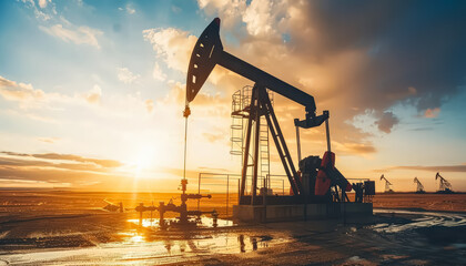 A large oil rig is pumping oil in a field. The sky is cloudy and the sun is setting