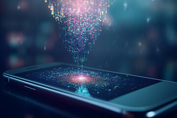 A large amount of information and news is stored in online systems and networks concept, flow of data on smartphone.