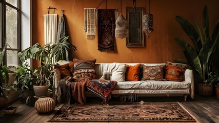 Warm living room cozy touch classic furniture bohemian vibes