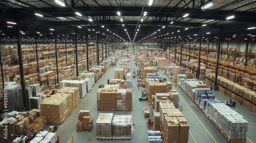 Poster a high-angle view of a large warehouse filled with pallets of cardboard boxes