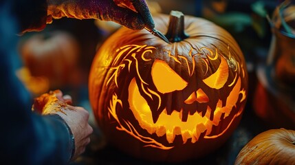 A close-up of a pumpkin carving stencil being applied to a pumpkin before carving.