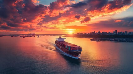 Naklejka premium Cargo Ship Sailing at Sunset