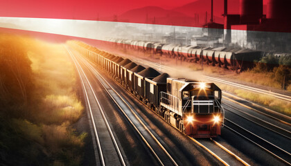 Fototapeta premium An industrial freight train moves through golden fields beneath an Austria flag, representing the backbone of energy supply and transportation network.