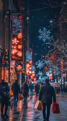 Nighttime holiday shopping on a festive city street with snowfall, mobile friendly