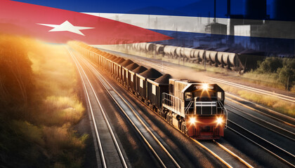 An industrial freight train moves through golden fields beneath an Cuba flag, representing the backbone of energy supply and transportation network.