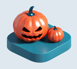 3d icon of pumpkins. 3d illustration for halloween holidays. simple 3d rendering of jack-o-lantern on platform	