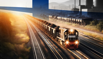 Fototapeta premium An industrial freight train moves through golden fields beneath an Finland flag, representing the backbone of energy supply and transportation network.