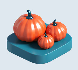 3d icon of pumpkins. 3d illustration for halloween holidays. simple 3d rendering of jack-o-lantern on platform	