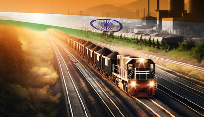 An industrial freight train moves through golden fields beneath an India flag, representing the backbone of energy supply and transportation network.