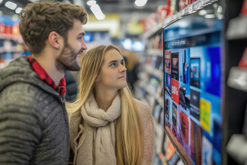 Fototapeta premium Young couple shopping for electronics in a brightly lit store