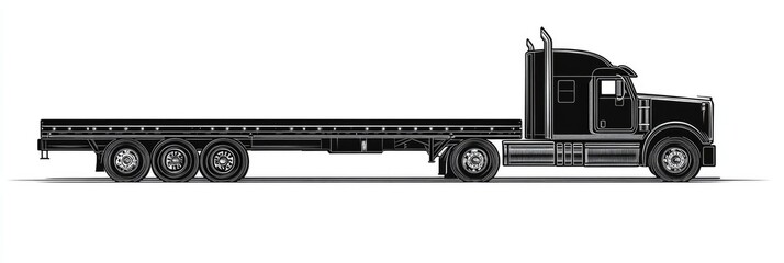 Flatbed Truck Outline. American Semi Trailer Trucking View in Black Silhouette