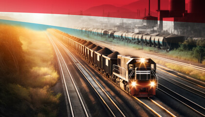 Fototapeta premium An industrial freight train moves through golden fields beneath an Luxembourg flag, representing the backbone of energy supply and transportation network.