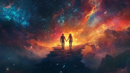Fototapeta premium A couple holding hands as they walk across a bridge made of stars, their love glowing brightly against the cosmic void