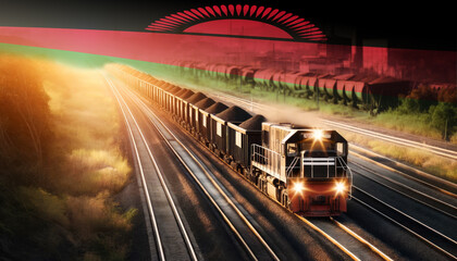 Fototapeta premium An industrial freight train moves through golden fields beneath an Malawi flag, representing the backbone of energy supply and transportation network.