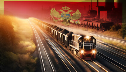 Fototapeta premium An industrial freight train moves through golden fields beneath an Montenegro flag, representing the backbone of energy supply and transportation network.