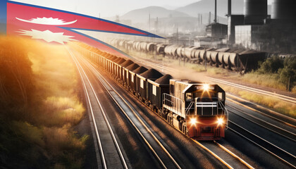 Fototapeta premium An industrial freight train moves through golden fields beneath an Nepal flag, representing the backbone of energy supply and transportation network.