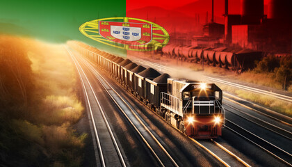 Fototapeta premium An industrial freight train moves through golden fields beneath an Portugal flag, representing the backbone of energy supply and transportation network.