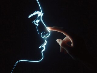 A hand tracing the outline of a loved one's face in the dark, symbolizing love, memory, and the tender connection of touch