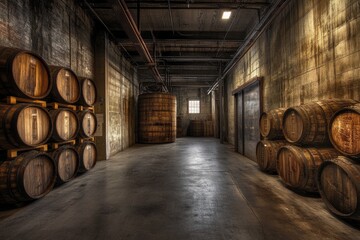 Kentucky Bourbon Trail. Brown Oak Bourbon Barrel Storage Room in Manufacturing Factory