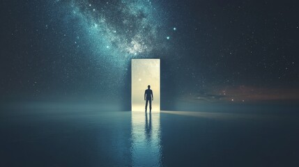 A person standing in front of a door that opens to a vast ocean of stars, contemplating whether to step through into the unknown