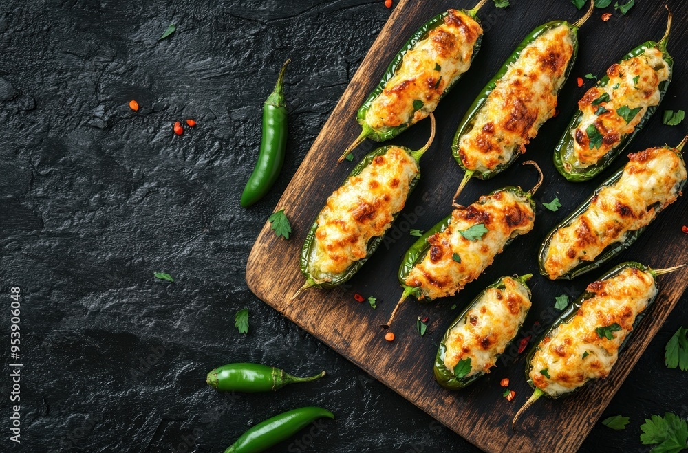 Wall mural Stuffed Jalapenos on a Rustic Wooden Cutting Board