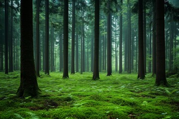 Obraz premium A tranquil scene of a dense forest shrouded in a light mist, creating an ethereal atmosphere. 
