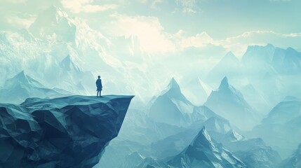 A person standing on the edge of a cliff, looking out at a landscape where mountains are made of paper and fold like origami, symbolizing the fragility of their reality