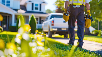 a team of pest control experts arriving at a home, truck and equipment visible