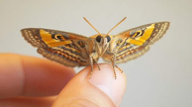 Miller Moth. Hawkmoth Insect Caught on Finger in Nature