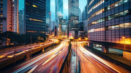 Vibrant Night Cityscape with Light Trails and Modern Skyscrapers in a Bustling Urban Environment