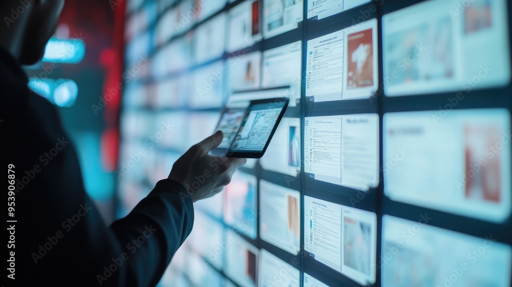 Poster a close-up of a person scrolling through a feed of misinformation and fact-checked posts, highlighti