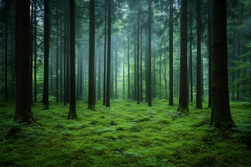 Obraz premium A tranquil scene of a dense forest shrouded in a light mist, creating an ethereal atmosphere. 